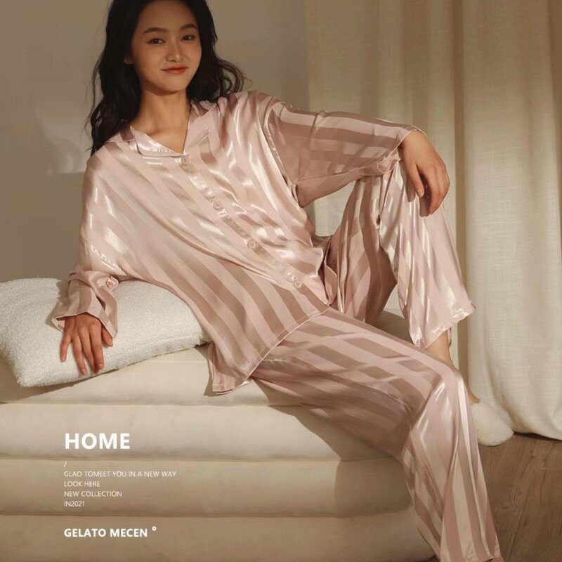 Women's Pajamas Manufacturer - Hot Fashion Spring and Fall New Jacquard Satin Ice Silk Thin Long-sleeved Home Wear