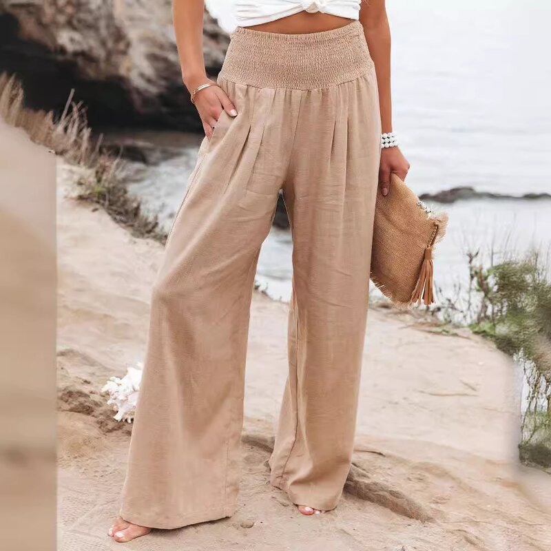 Palazzo Pants Manufacturer - Women Summer High Waisted Cotton Linen Wide Leg Long Lounge with Pocket