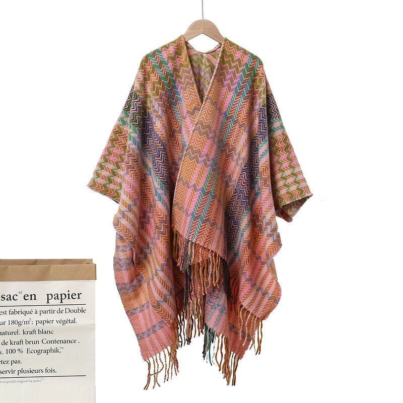 Winter Shawl Manufacturer - Heavy and Thick Pink Green Plaid Polyester Wholesale Factory Warm Sorority Tassel