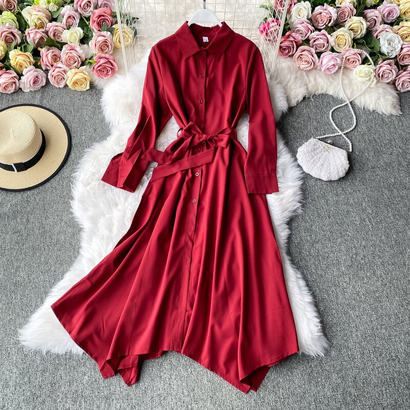 Casual Dress Manufacturer - Autumn Solid for Women High Waist Midi Shirt Ladies Elegant Clothes