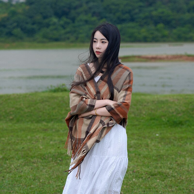 Winter Shawl Manufacturer - Heavy and Thick Pink Green Plaid Polyester Wholesale Factory Warm Sorority Tassel