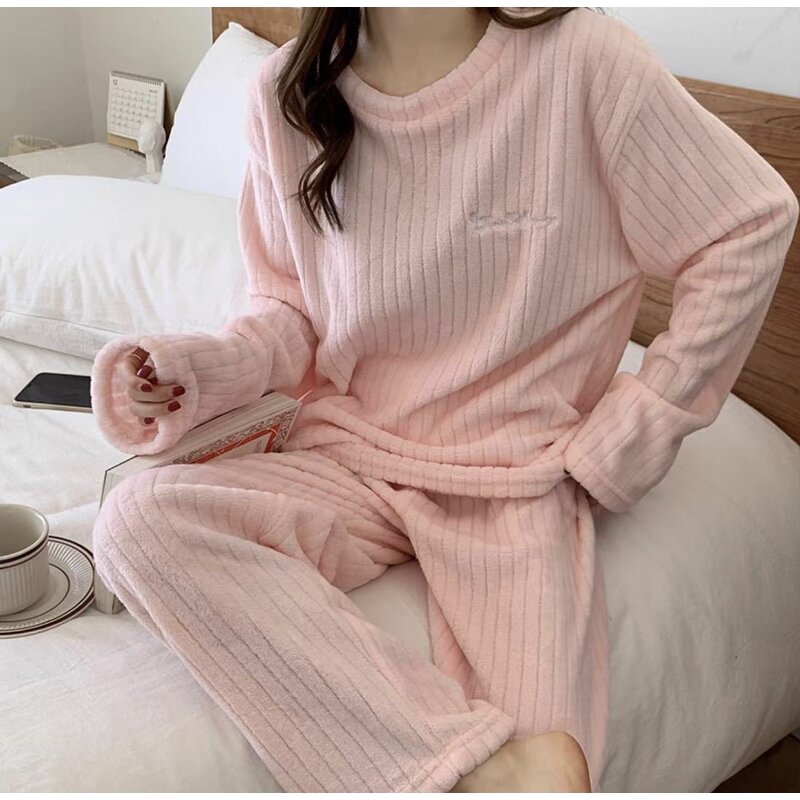 Sleepwear Suit Manufacturer - Women Autumn Winter Long Sleeve O-neck Pullover with Long Wide Leg Casual Fleece Warm
