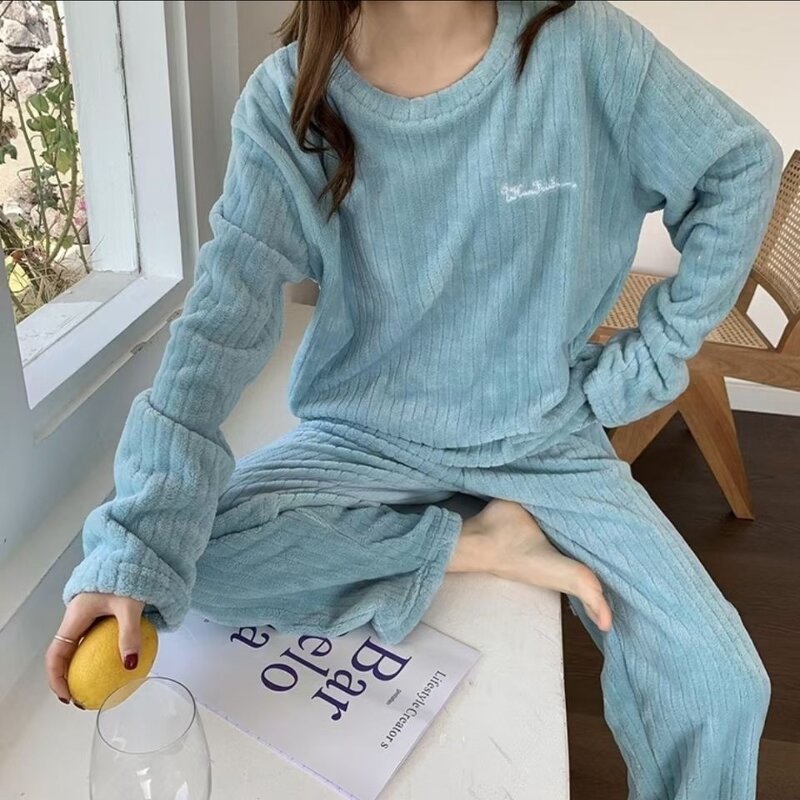 Sleepwear Suit Manufacturer - Women Autumn Winter Long Sleeve O-neck Pullover with Long Wide Leg Casual Fleece Warm