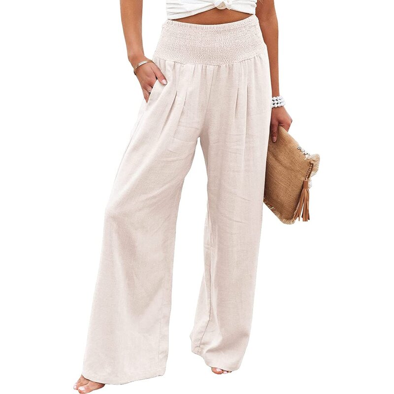 Palazzo Pants Manufacturer - Women Summer High Waisted Cotton Linen Wide Leg Long Lounge with Pocket