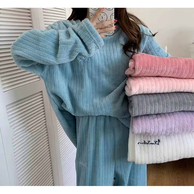 Sleepwear Suit Manufacturer - Women Autumn Winter Long Sleeve O-neck Pullover with Long Wide Leg Casual Fleece Warm