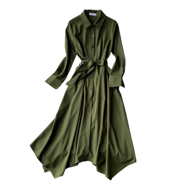 Casual Dress Manufacturer - Autumn Solid for Women High Waist Midi Shirt Ladies Elegant Clothes