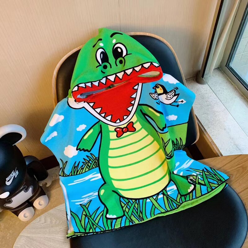 Baby Bathrobe Manufacturer - Custom Cartoon Print Hooded Microfiber Poncho