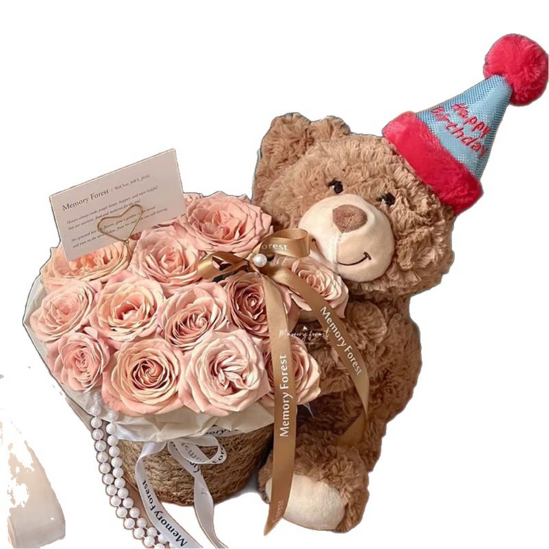 Eternal Flower Doll Manufacturer - Bear Holding Rose Bouquet Artificial Flower