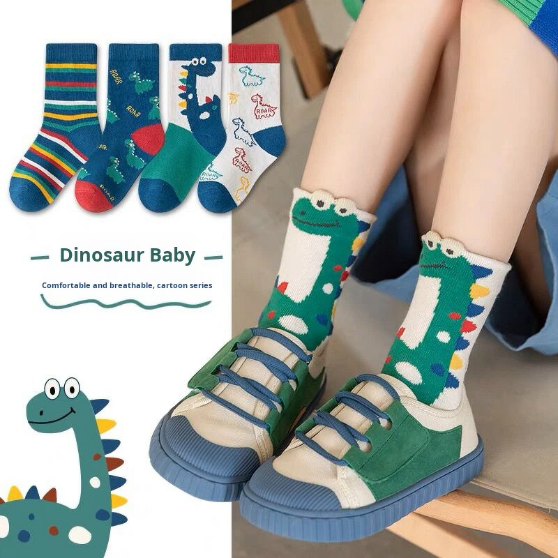 Children's Socks Manufacturer - Boys Mid-Calf Cartoon Dinosaur Polyester