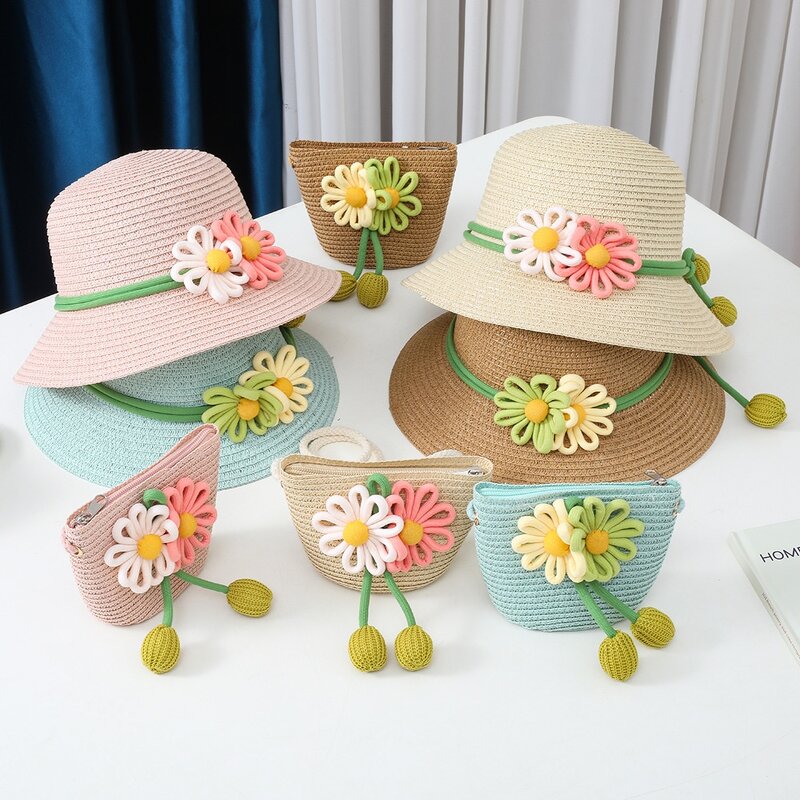Children's Straw Hat Manufacturer - Bucket Hat with Bag Set Beach Sunshade