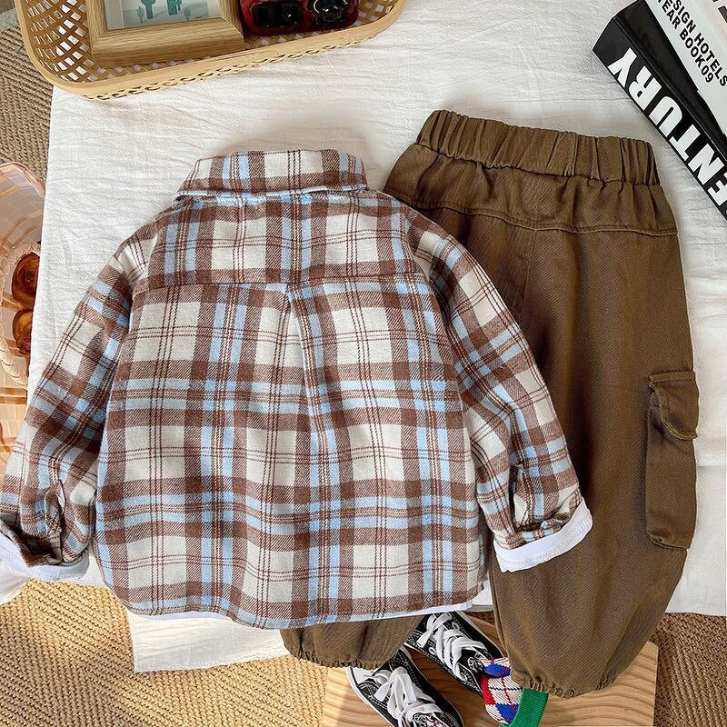 Boys' Suit Manufacturer - Casual Plaid Shirt Cotton Overalls Three-piece