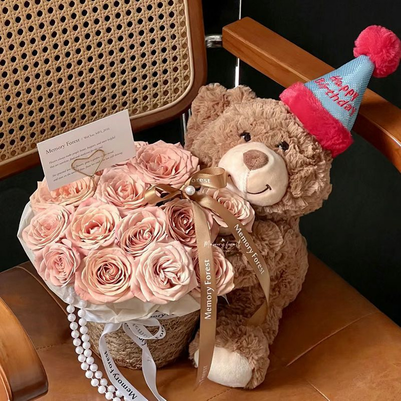 Eternal Flower Doll Manufacturer - Bear Holding Rose Bouquet Artificial Flower