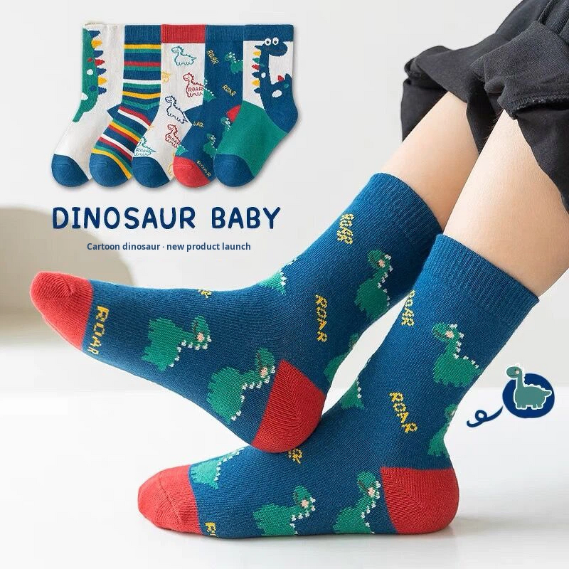 Children's Socks Manufacturer - Boys Mid-Calf Cartoon Dinosaur Polyester