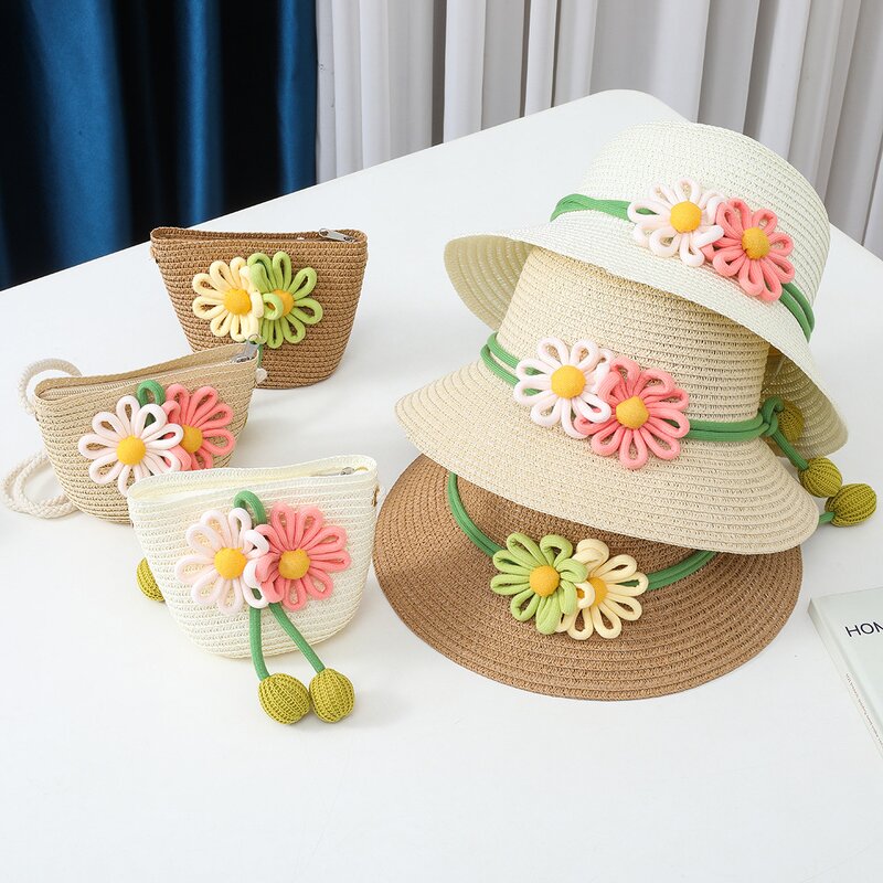 Children's Straw Hat Manufacturer - Bucket Hat with Bag Set Beach Sunshade