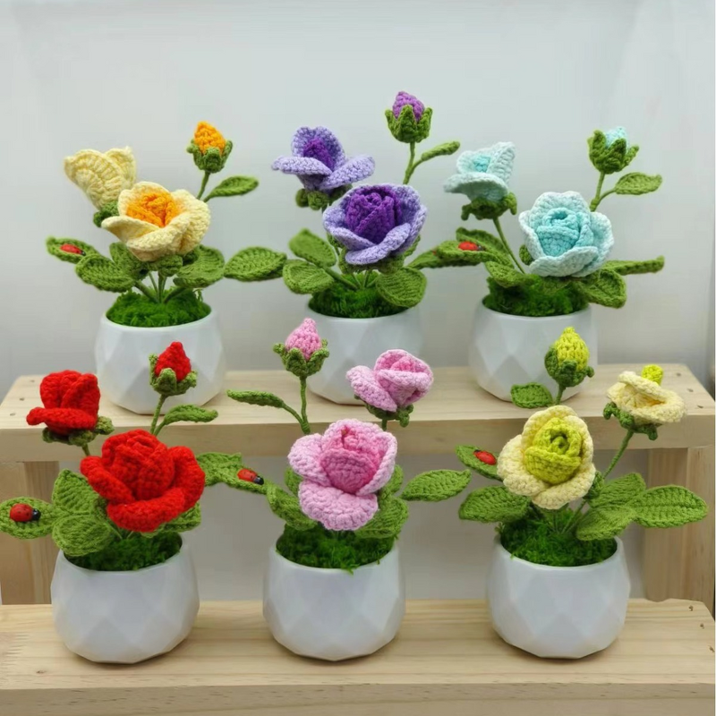 Crocheted Plant Manufacturer - Finished Rose Small Potted Home Decoration