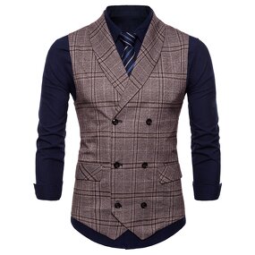 Men Vest Manufacturer - Cotton Double Breasted Slim Fit Plaid Business
