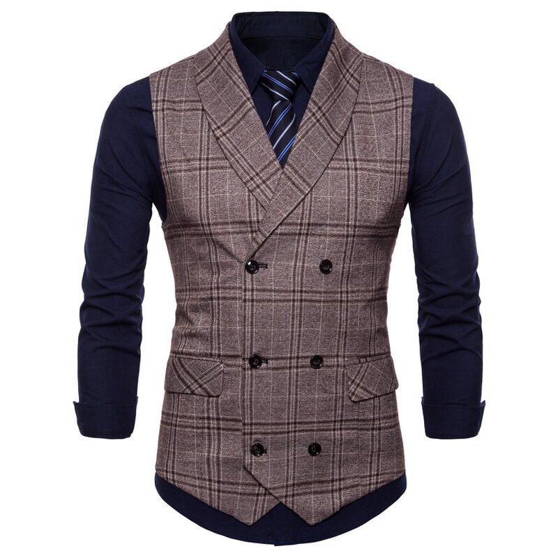 Men Vest Manufacturer - Cotton Double Breasted Slim Fit Plaid Business