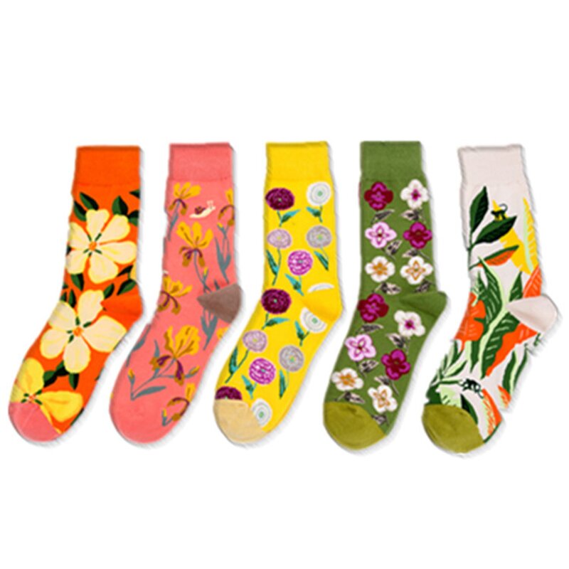 Womens Socks Manufacturer - New Design Colorful Crew Fancy Flower Art Casual