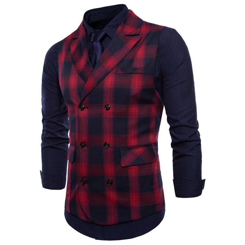 Suit Vest Manufacturer - Formal Lattice Double Breasted Red Cotton Gilet