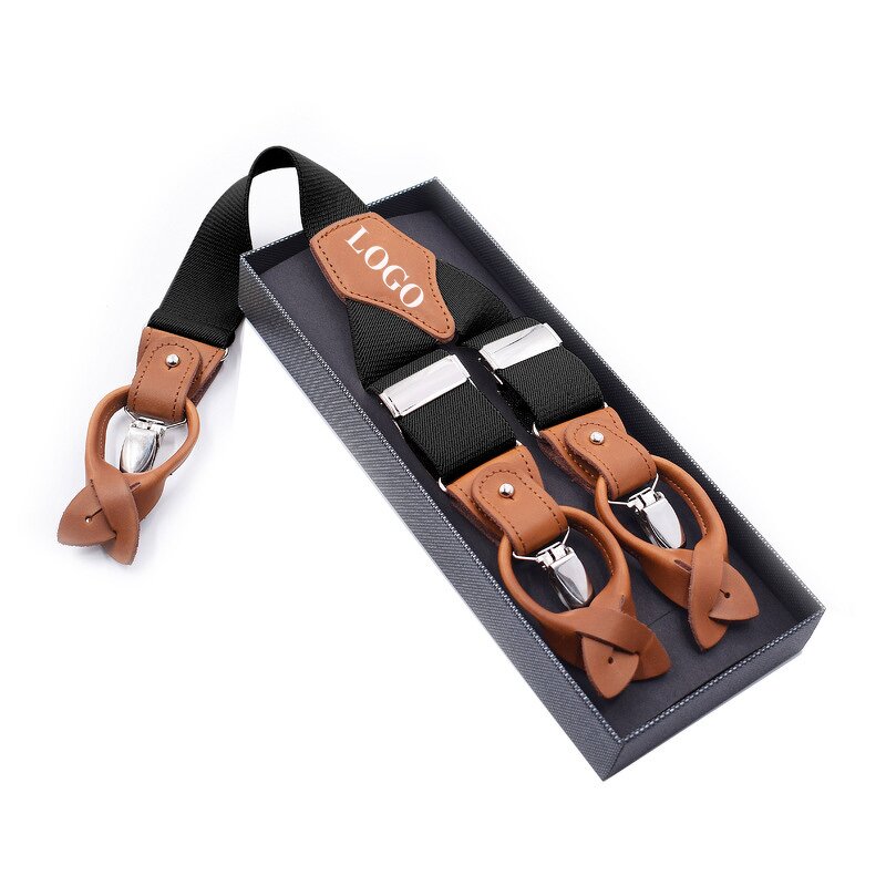 Suspenders Manufacturer - Latest 3.5cm Width Elastic 6 Button Brown Leather Adjustable
