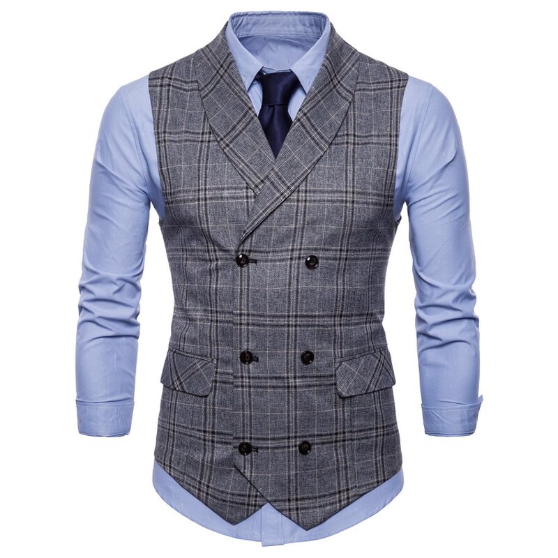 Men Vest Manufacturer - Cotton Double Breasted Slim Fit Plaid Business