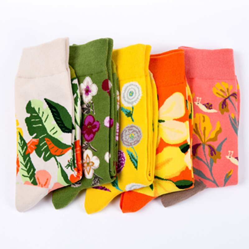 Womens Socks Manufacturer - New Design Colorful Crew Fancy Flower Art Casual