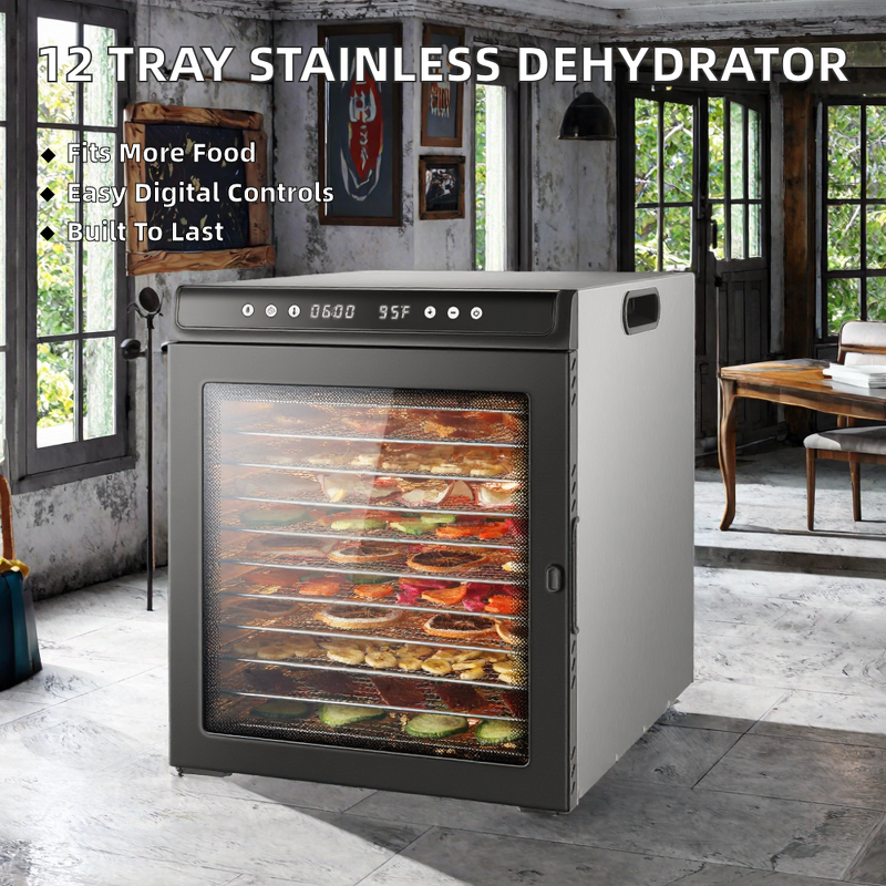 Food Dehydrator Machine Manufacturer - Electric 12 Tray Stainless Steel 12.6ft Large Capacity 1300W Digital Control Commercial