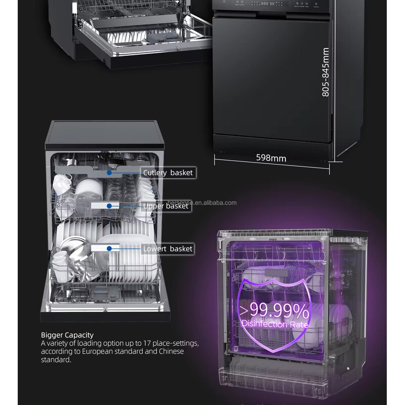 Dish Washing Machine Manufacturer - Freestand 220V Auto Build-in Smart 12sets Black Glass Washer and Dryer Unit for Home