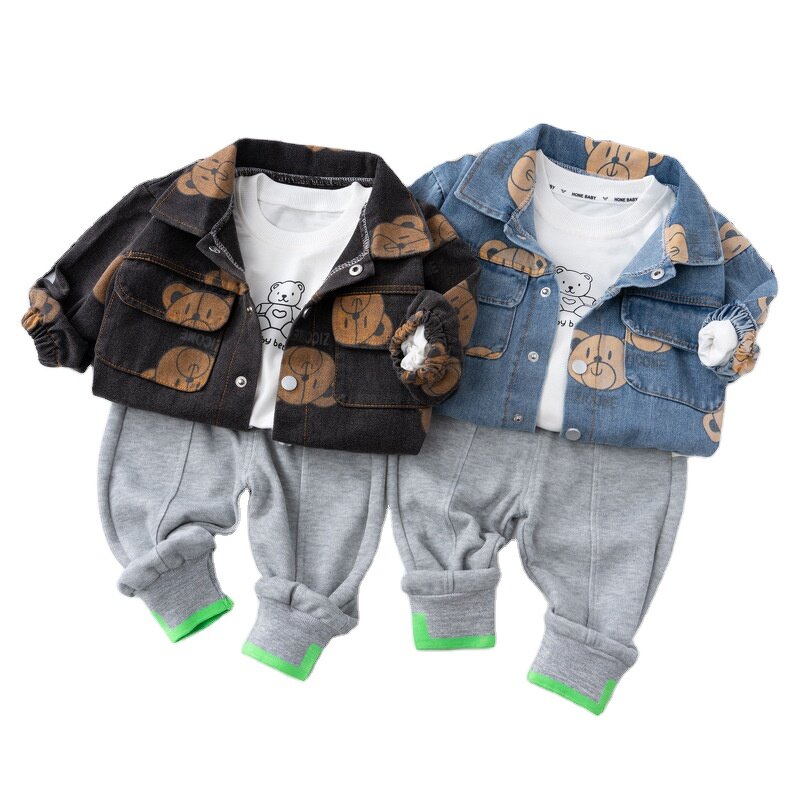 Boys Jacket Set Manufacturer - New Korean Spring Autumn New Denim Jacket Three-piece Small Child Baby Cartoon