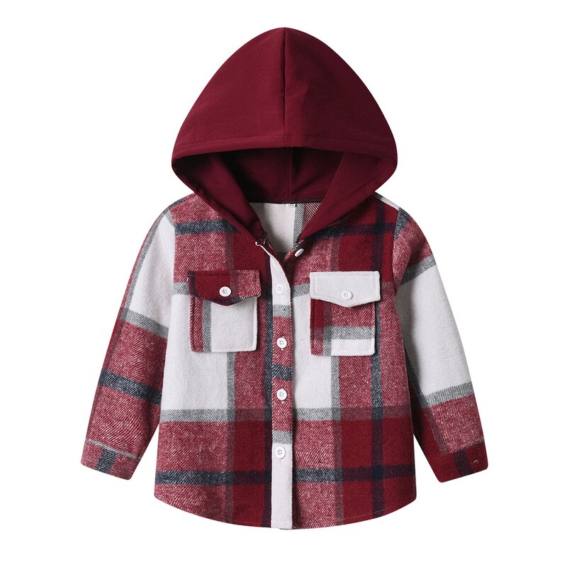 Boys Jacket Manufacturer - Korean 25 Spring New Check Hooded Brushed Long-sleeved Top Trendy Short Cardigan