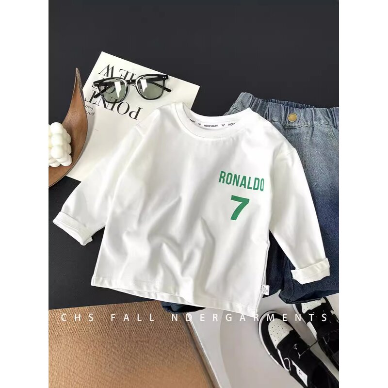 Children's T-shirt Manufacturer - Long-sleeved Pure Cotton Casual Bottoming Shirt Number 7 White Top