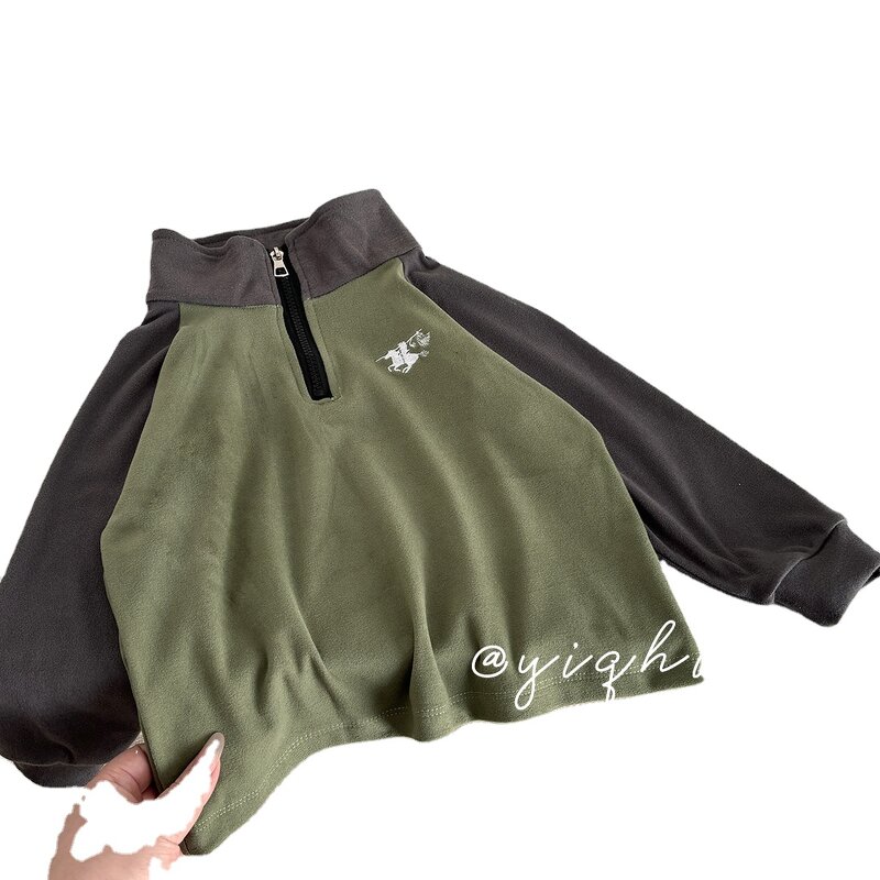 Children's T-shirt Manufacturer - Girls Long-sleeved Contrast Color Boy Raglan Sleeve Embroidery German Velvet