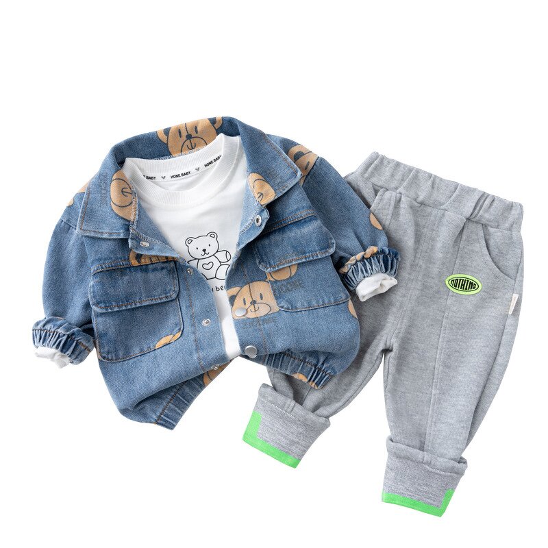 Boys Jacket Set Manufacturer - New Korean Spring Autumn New Denim Jacket Three-piece Small Child Baby Cartoon