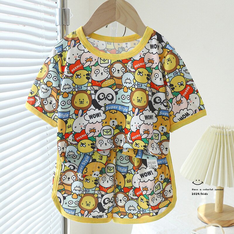 Children's Short-sleeved Shorts Suit Manufacturer - for Girls Summer Silk Small Floral Print Home Clothes Boys Cartoon