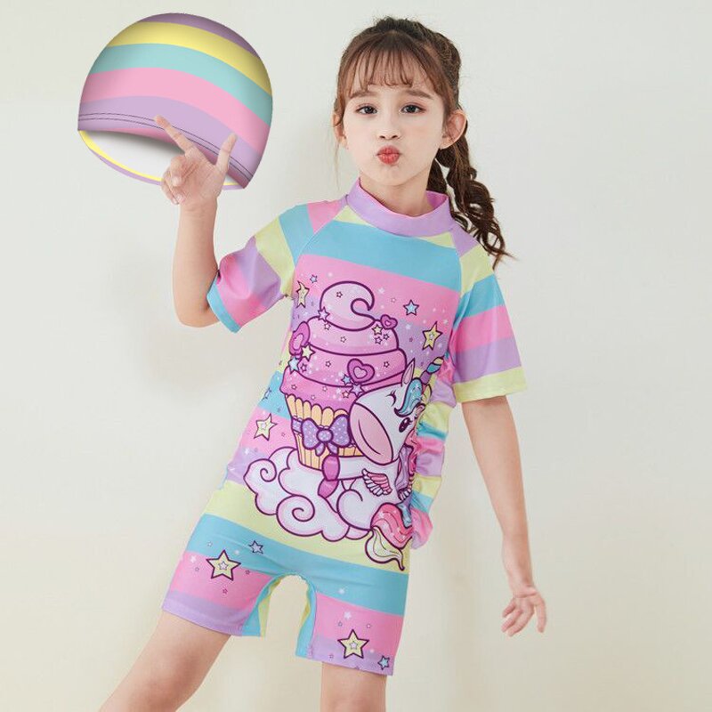 Children's Swimsuit Manufacturer - Cartoon Cute Connecting Girls Short-sleeved Shorts