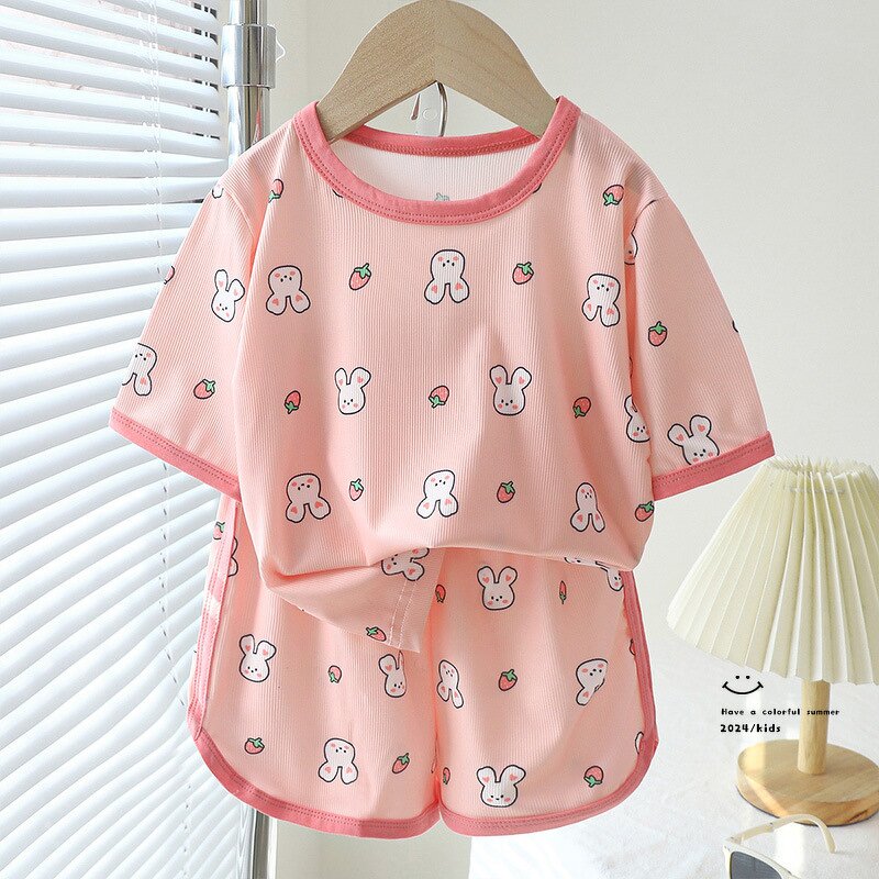 Children's Short-sleeved Shorts Suit Manufacturer - for Girls Summer Silk Small Floral Print Home Clothes Boys Cartoon