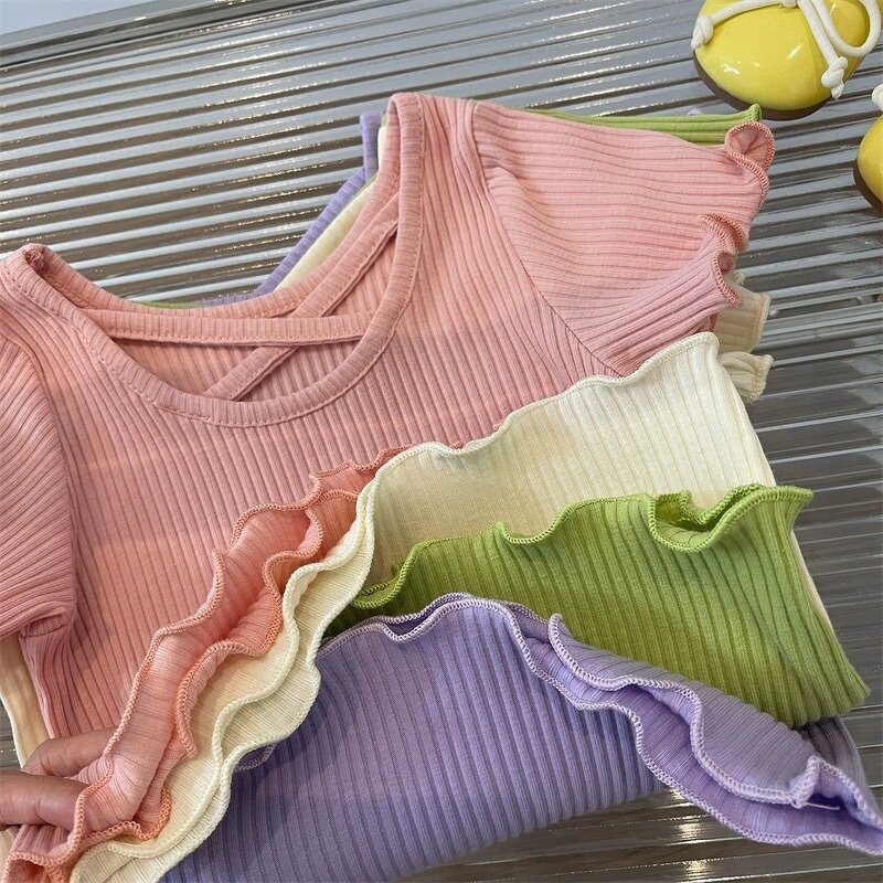 Girls T-shirt Manufacturer - Fashion Back Cross Short-sleeved 2025 Summer Korean Solid Color Casual Top