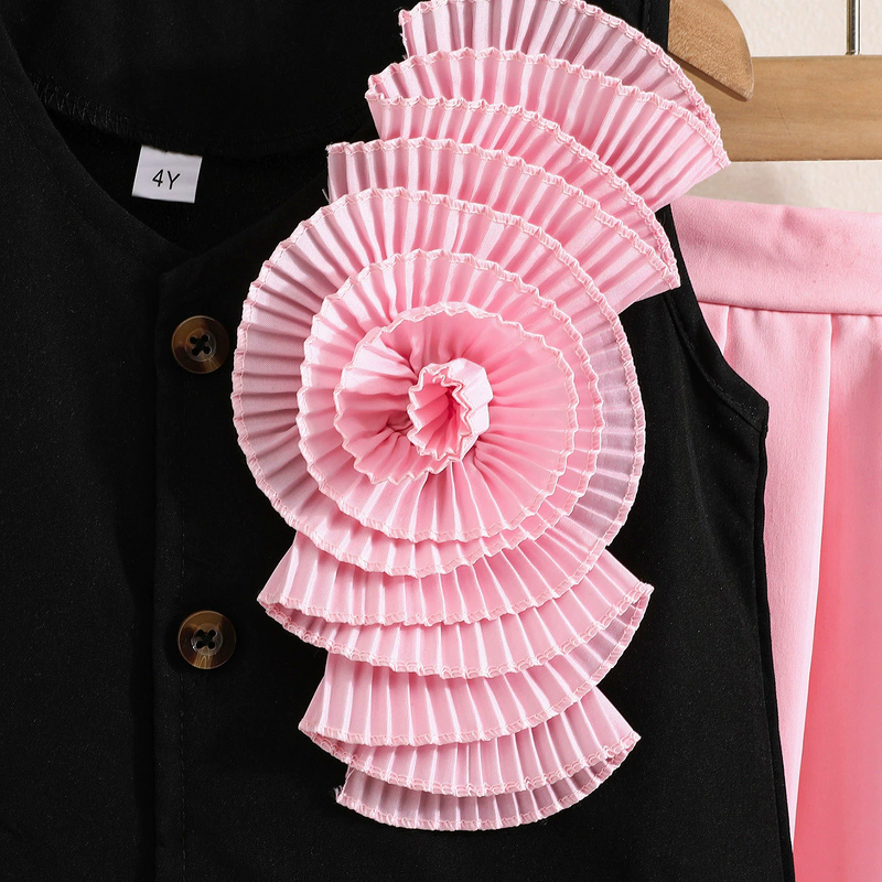 Girls Summer Clothes Set Manufacturer - Cross-border Supply Satin Flower Black Sleeveless Top Pink Pleated Skirt College Style