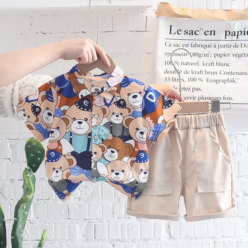 Children's Set Manufacturer - Full Printed Cartoon Bear Shirt Shorts for Men and Female Children
