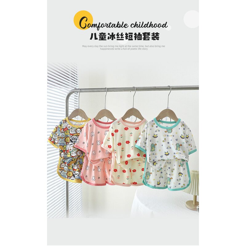 Children's Short-sleeved Shorts Suit Manufacturer - for Girls Summer Silk Small Floral Print Home Clothes Boys Cartoon