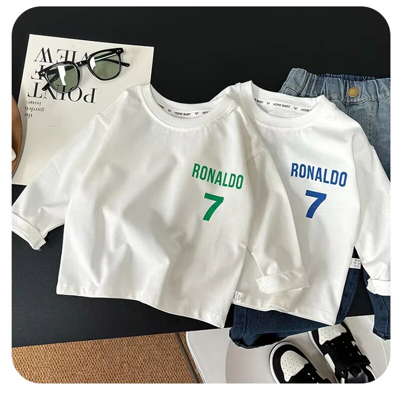 Children's T-shirt Manufacturer - Long-sleeved Pure Cotton Casual Bottoming Shirt Number 7 White Top