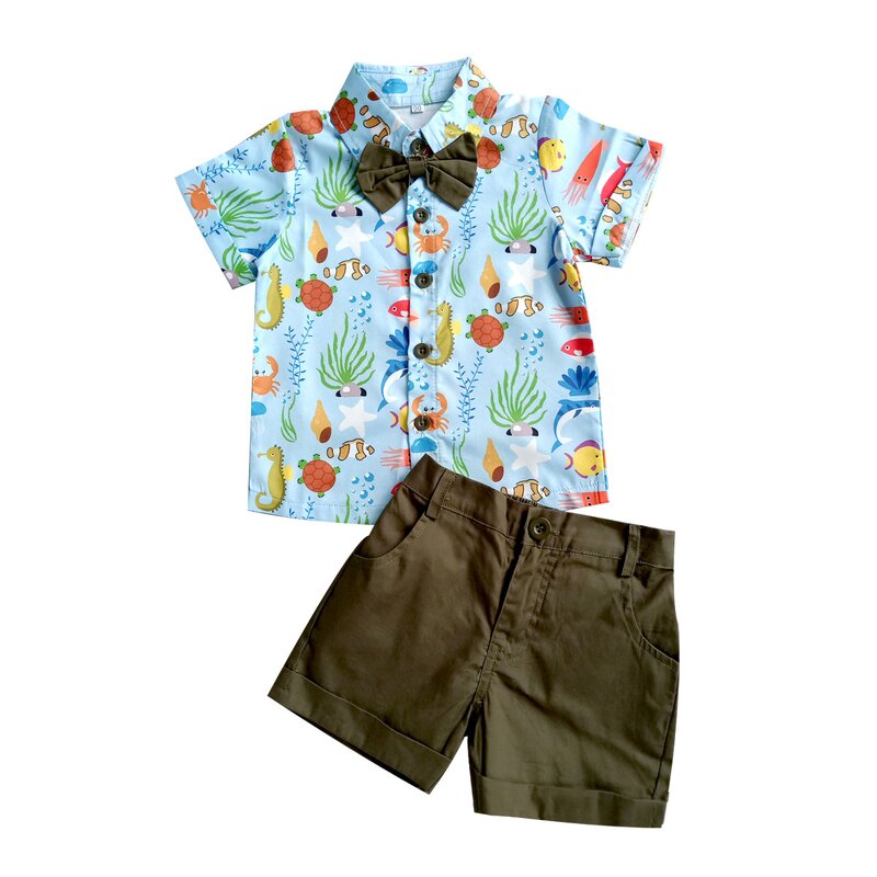 Children's Shirt Set Manufacturer - European American Boys Cartoon Printing Shirt Ink Green Shorts Bow Tie Three-piece