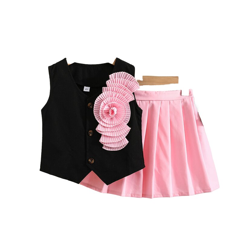 Girls Summer Clothes Set Manufacturer - Cross-border Supply Satin Flower Black Sleeveless Top Pink Pleated Skirt College Style