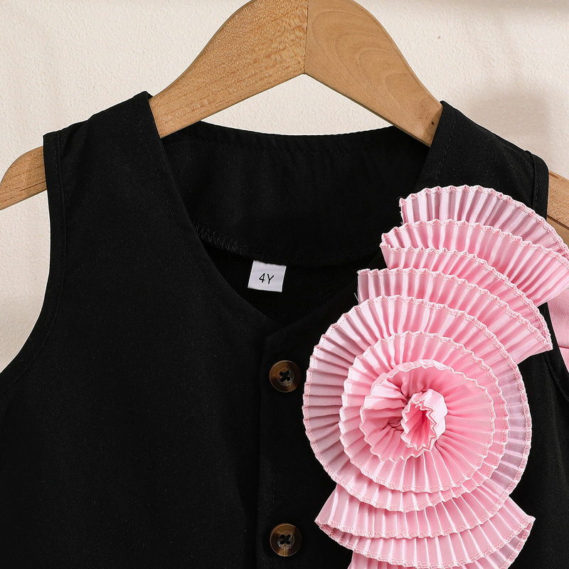 Girls Summer Clothes Set Manufacturer - Cross-border Supply Satin Flower Black Sleeveless Top Pink Pleated Skirt College Style