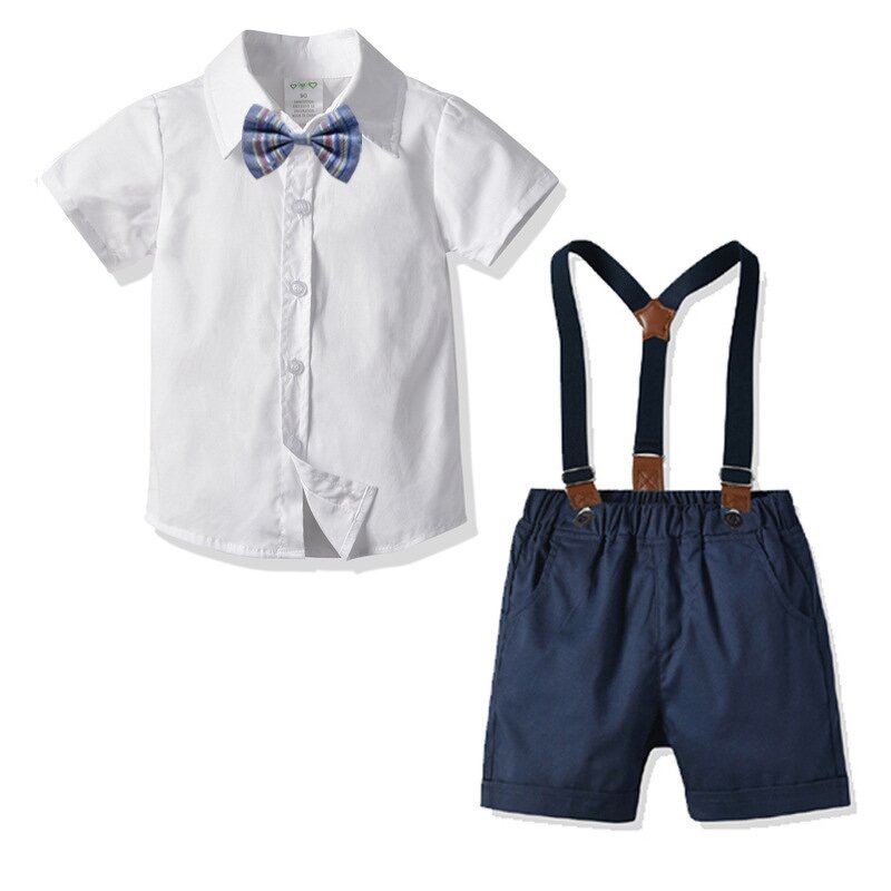 Children's Clothing Suit Manufacturer - 2025 British Gentleman Boys Medium Size Summer Cotton Short-sleeved Overalls Four-piece