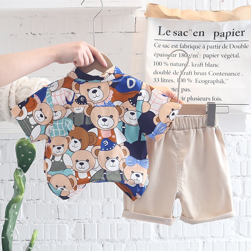Children's Set Manufacturer - Full Printed Cartoon Bear Shirt Shorts for Men and Female Children