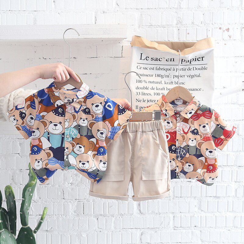 Children's Set Manufacturer - Full Printed Cartoon Bear Shirt Shorts for Men and Female Children