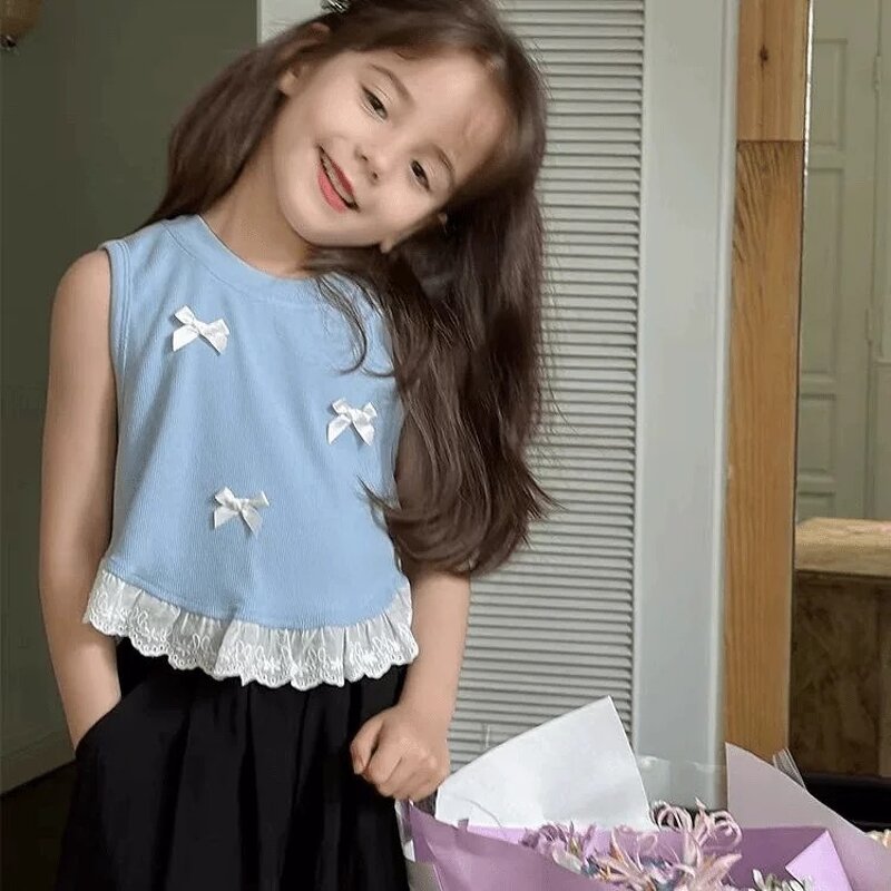 Girls Vest Manufacturer - Hot Sale 0-5 Years Sweet Korean Bow Vest Lace Sleeveless T-shirt