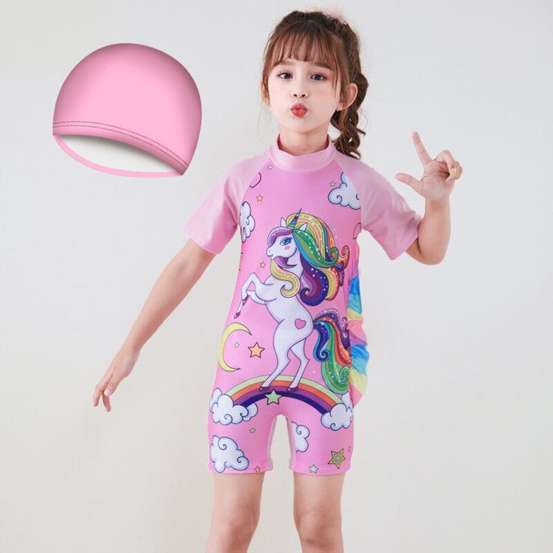 Children's Swimsuit Manufacturer - Cartoon Cute Connecting Girls Short-sleeved Shorts
