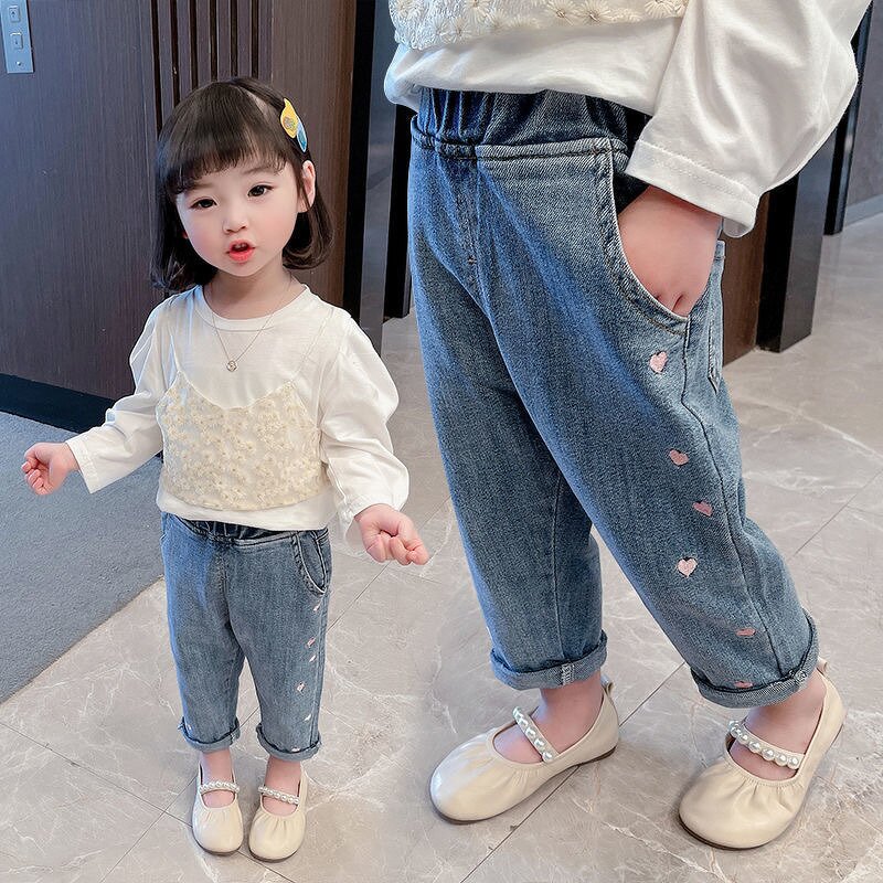 Girls Embroidered Jeans Manufacturer - Spring Autumn 2023 Small Children Foreign Korean Trousers